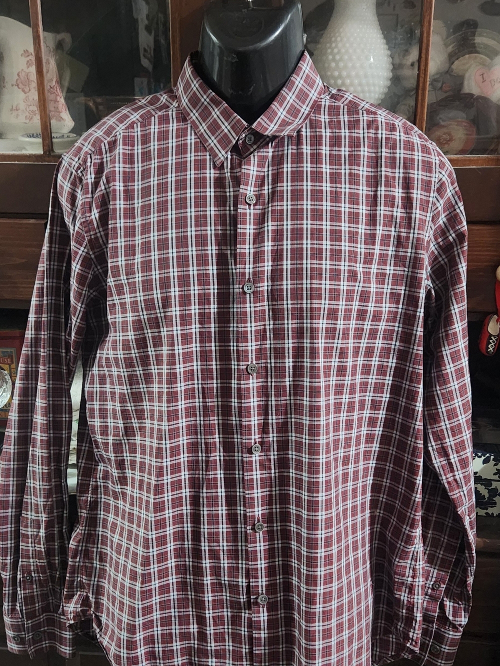 Theory Men's Maroon and White Plaid Button-Down Shirt